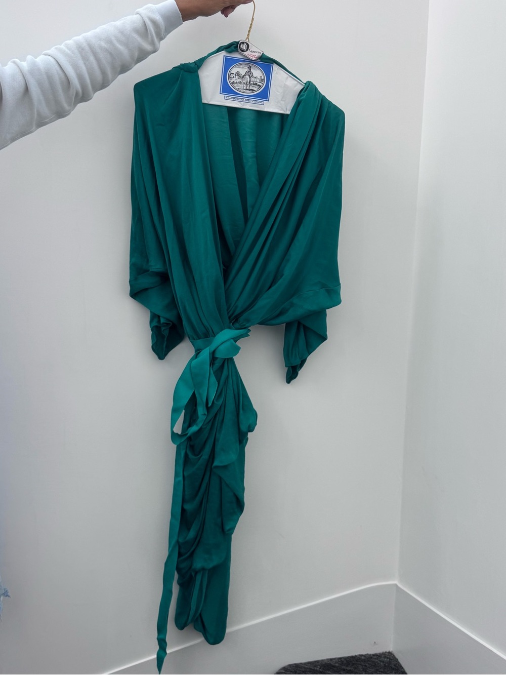 Lanvin Paris Emerald Green Silk Draped Wrap Blouse Sash Tie Deep V